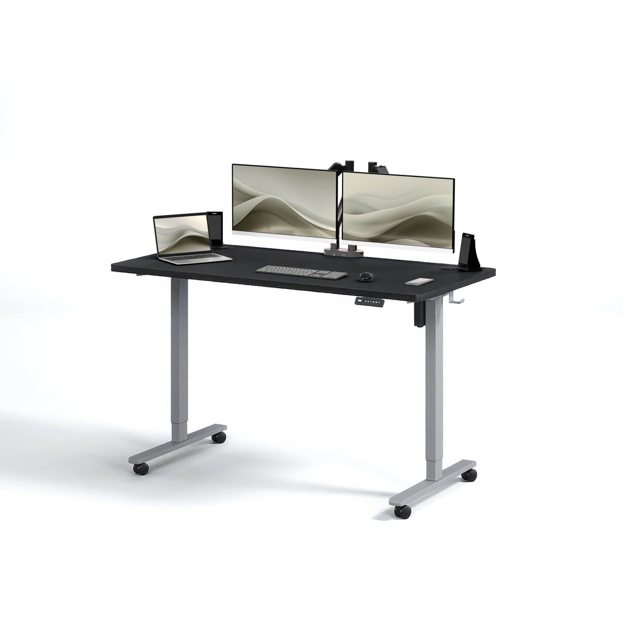 BLACK POINT Escritorio de Altura Regulable 160 x 80, Asiento ergonómico de pie, Mesa de pie, Mesa de Ordenador Ajustable, Rango de Altura 72-120 Ruedas Incluidas