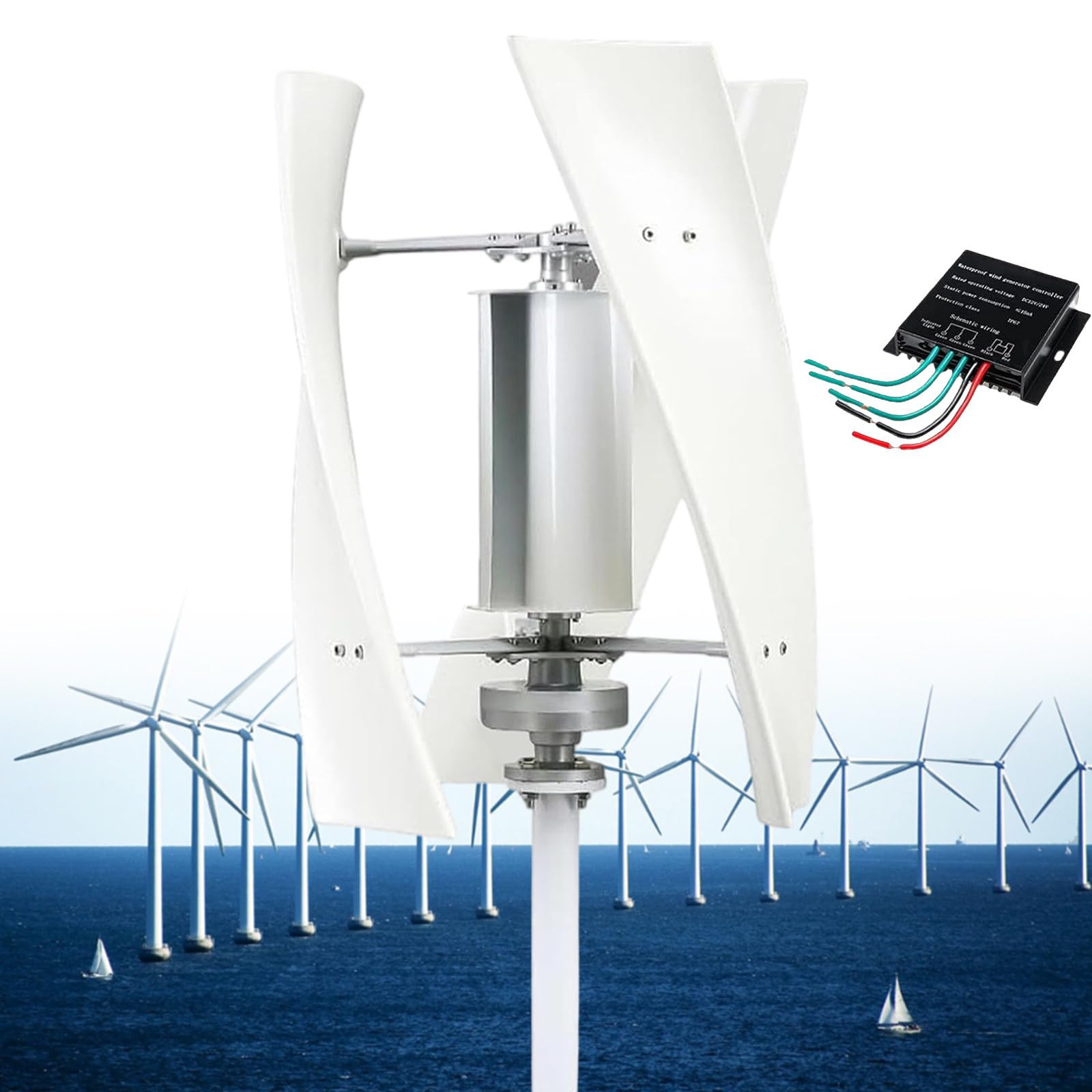 Fablestoryem White 3-Blade Wind Turbine, 12V 24V 48V 110V 220V 14000W Small Energy Silent Vertical Wind Generator, Home Portable Vertical Wind Generator With Mppt Controller,24V