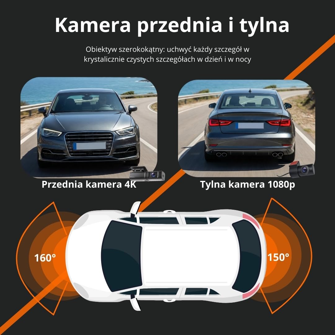 Faas Kamera samochodowa z przodu i z tyłu – podwójna kamera na deskę rozdzielczą 4K – 64 GB Micro-SD – czujnik G, tryb poklatkowy i noktowizor – tryb parkowania i nagrywanie w pętli – czarna