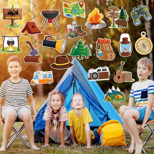 Image of 40Pcs Camping Hanging Swirl Decorations, Happy Camper Party Hanging Swirls Camping Adventure Bears Tent Telescope Sign Foil Swirls Ceiling Decorations for Camping Birthday Baby Shower Party Decor