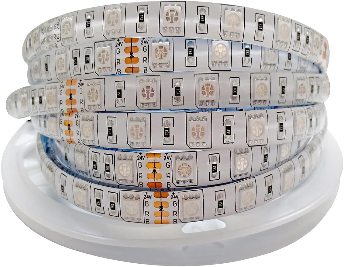 Tesfish 24V RGB LED Strip Lights, 16.4ft 5050 IP65 Waterproof 300 LEDs Color Changing String Light Strips for Bedroom, Kitchen Decoration