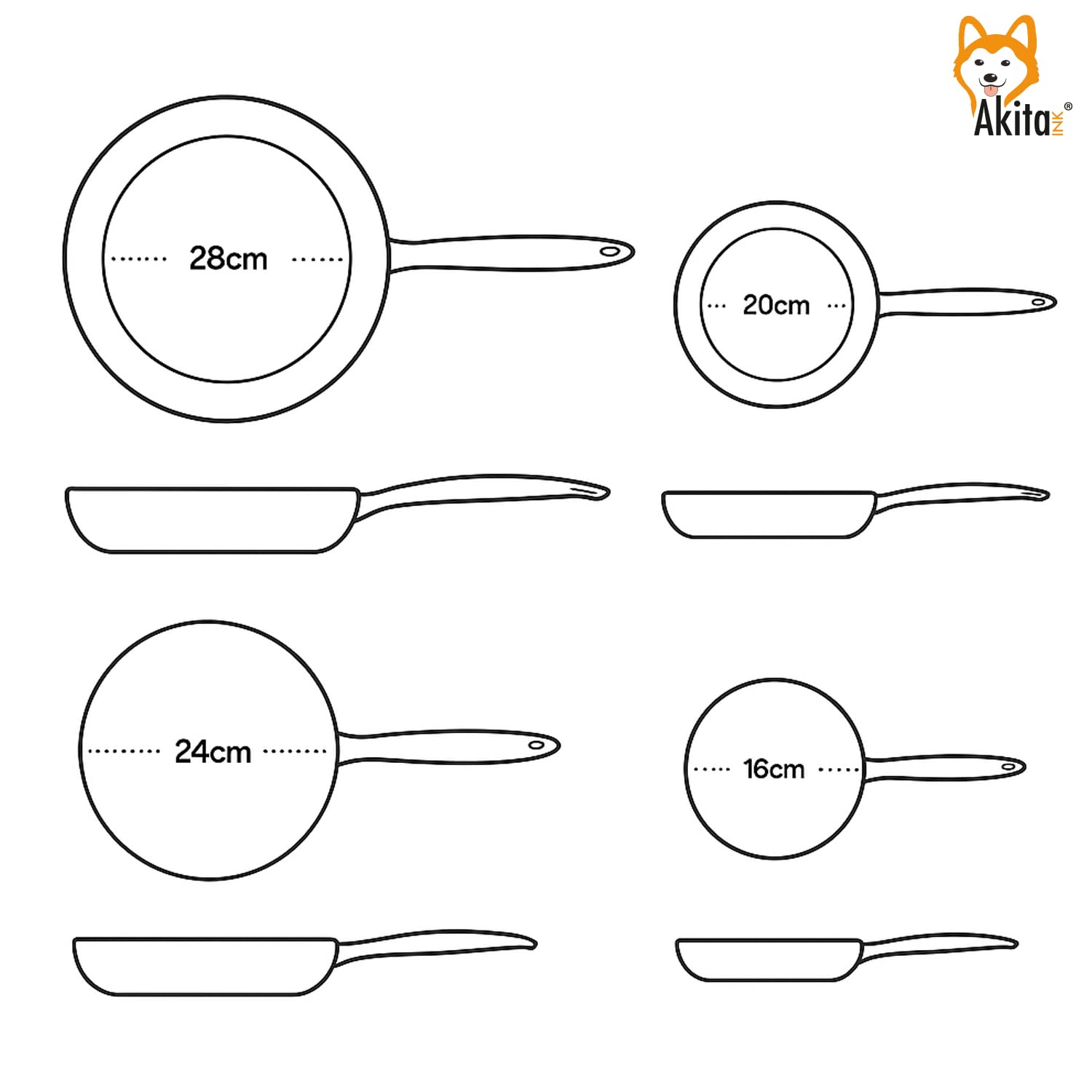 AKITAInk Set 4 Padelle Antiaderenti 16-20-24-28cm | Alluminio Leggero, Rivestimento PFOA Free, Fondo Antiaderente, Manici Soft Touch Made in Italy