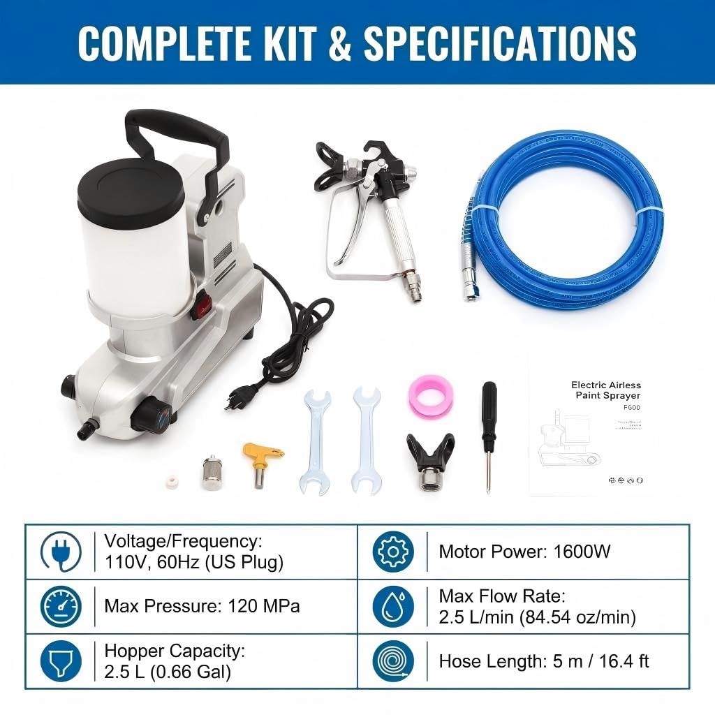 Pulverizador de pintura sin aire de alta presión, 1600 W, 120 MPa, pulverizador eléctrico con manguera de 16.4 pies y tolva de 0.66 galones, pulverizador de pintura de látex a base de agua para