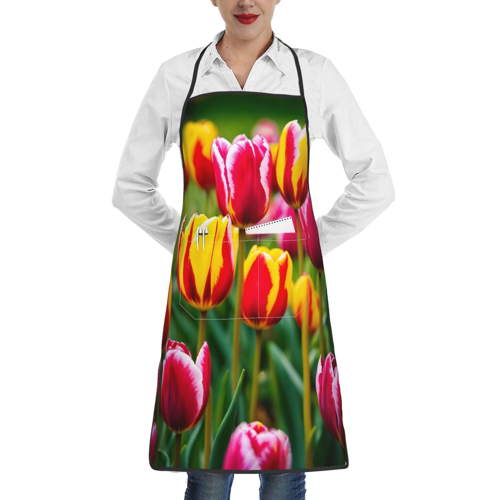 Edwal Unisex White Pink Tulips Print Kitchen Aprons, Apron For Cooking With Pocket, Chef Aprons For Men Women