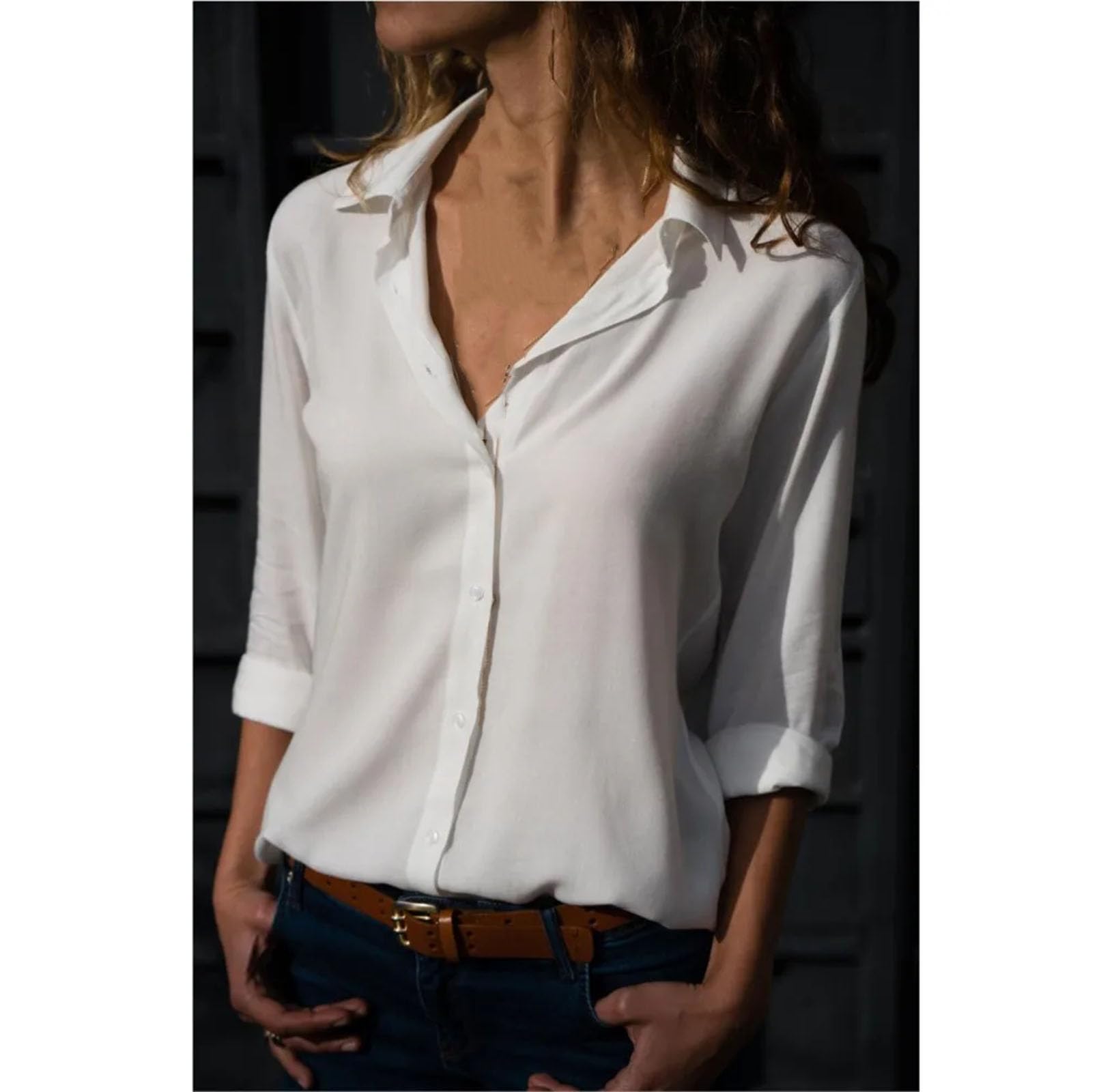 Camisa de primavera para mujer, informal, de manga larga, con botones, color liso, para oficina, color blanco