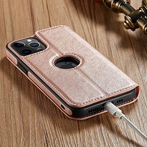 Casus Logo View Compatible With Iphone 12 | 12 Pro Wallet Case Slim Magnetic Flip Cover Faux Leather With Card Holder Slot Thin Kickstand (2020) 6.1" (Rose Gold) #TOP7