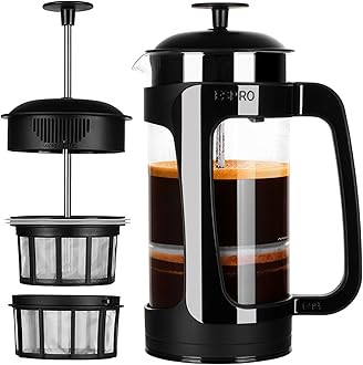 P3 French Press Coffee Maker – Patented Double Micro-Filter for Grit-Free Brew, Heat Resistant thicker Borosilicate Glass Coffee press – (32 oz)