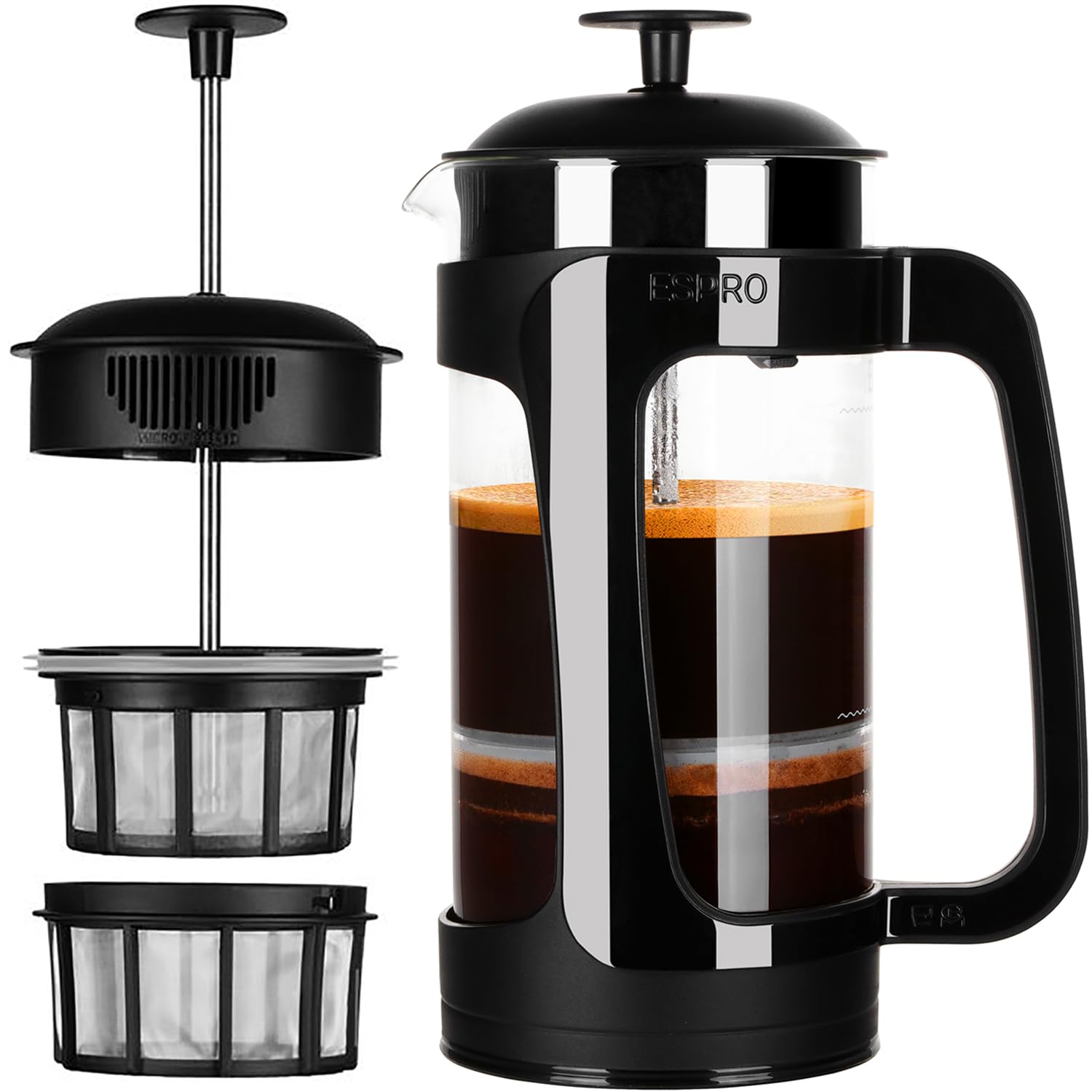 P3 French Press Coffee Maker – Patented Double Micro-Filter for Grit-Free Brew, Heat Resistant thicker Borosilicate Glass Coffee press – (32 oz)