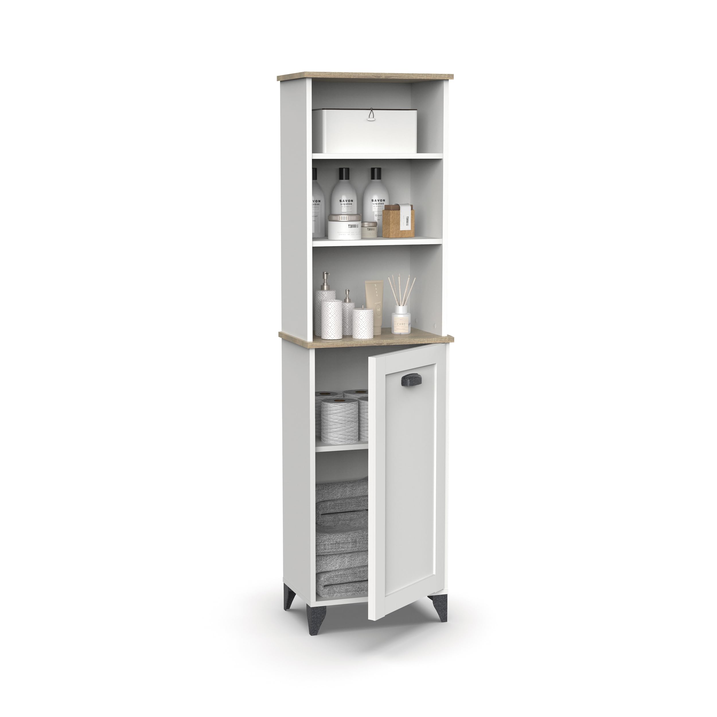 MUEBLES PITARCH | Columna de Baño, Armario Alto con Estantería, 1 Puerta con 1 Estantes Interior Regulable, 168x46,5x31cm (Alto x Ancho x Fondo) Blanco y Roble Cambrian, Vintage, Modelo Toscana