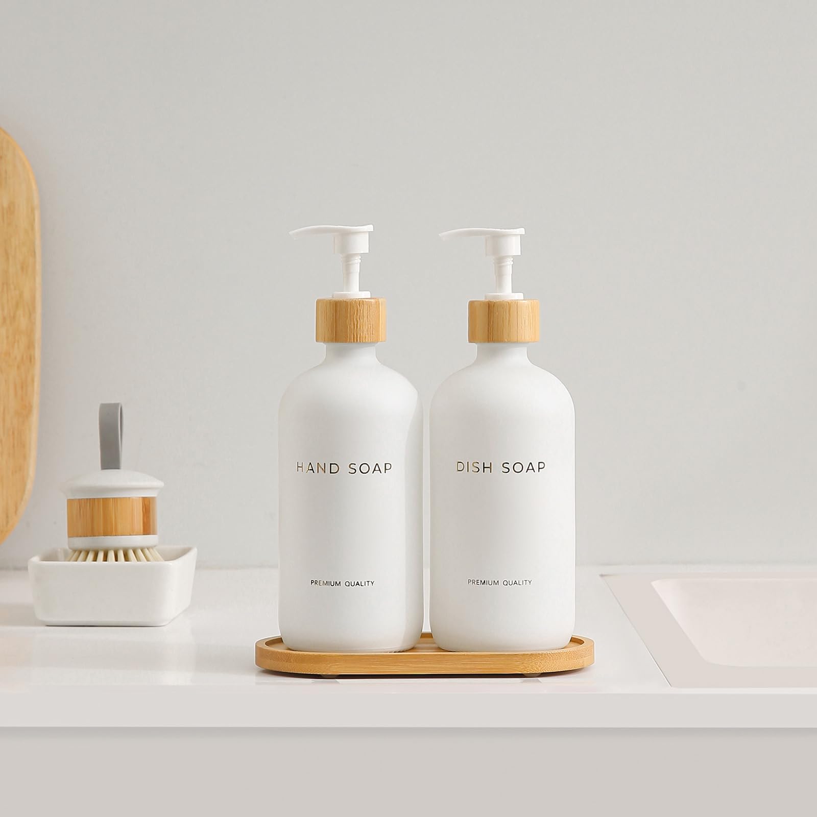 Set dispenser per sapone e lozioni in vetro con vassoio, dispenser di sapone liquido per le mani e pompa, accessori da bagno in bambù e decorazione moderna per il bagno (oro)