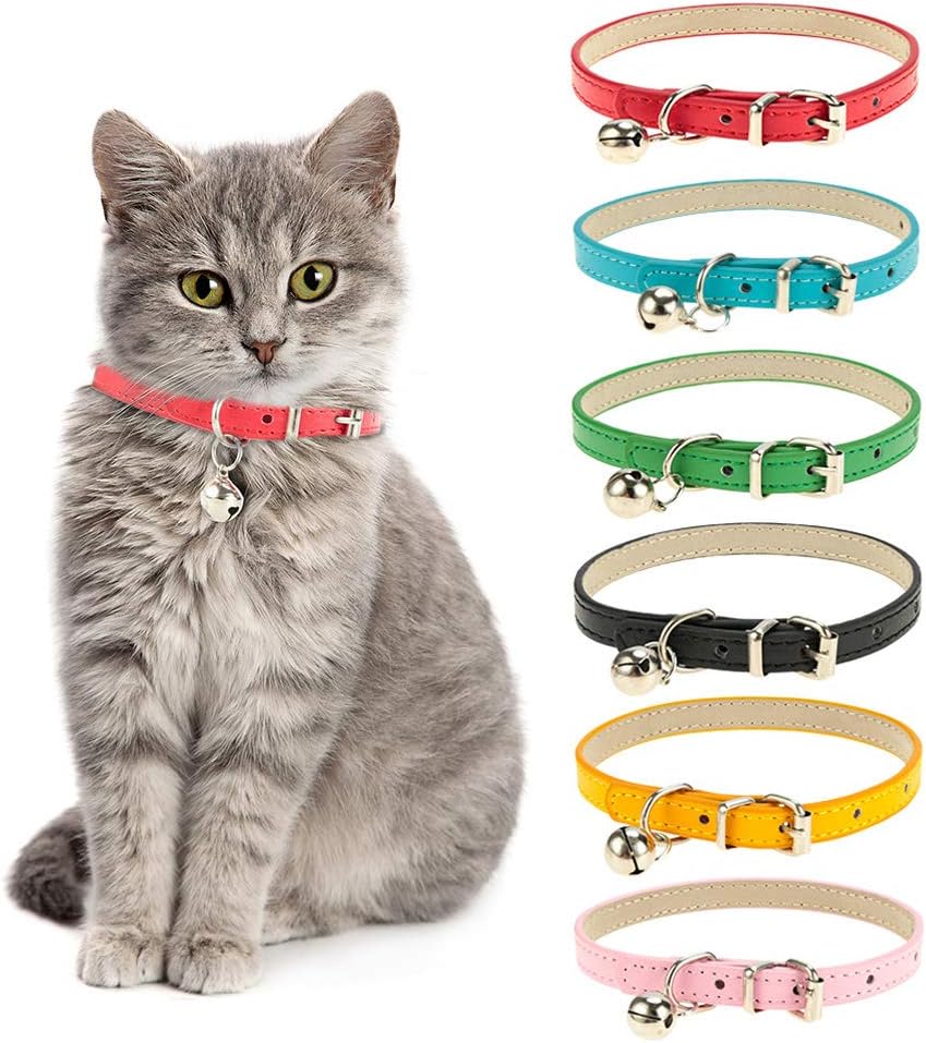 6 Pack Leather Cat Collars with Removable Bell Polished Durable Metal Buckle Soft and Adjustable for Cats Puppy Small Medium Dogs