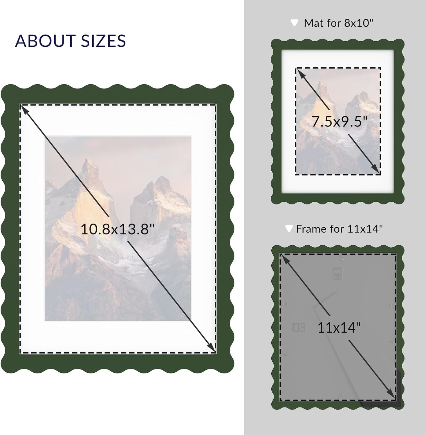 11x14 Wavy Picture Frame with Mat for 8x10, Real Glass and Wooden​ Frame - Tabletop or Wall Hanging Photo Frame(1 Pack, Green)