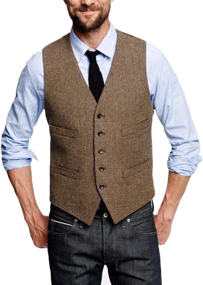 Airtailors Men's Tweed Vest 4 Pockets Slim Fit Formal Donegal Wedding Suit Vest for Men