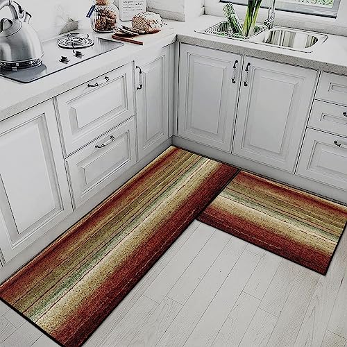 Tayney Vintage Stripes Home Kitchen Rugs And Mats Non Skid Washable Set Of 2, Red Brown Green Kitchen Mats For Floor, Geometric Lines Kitchen Runner Rug, Abstract Kitchen Decor #TOP1