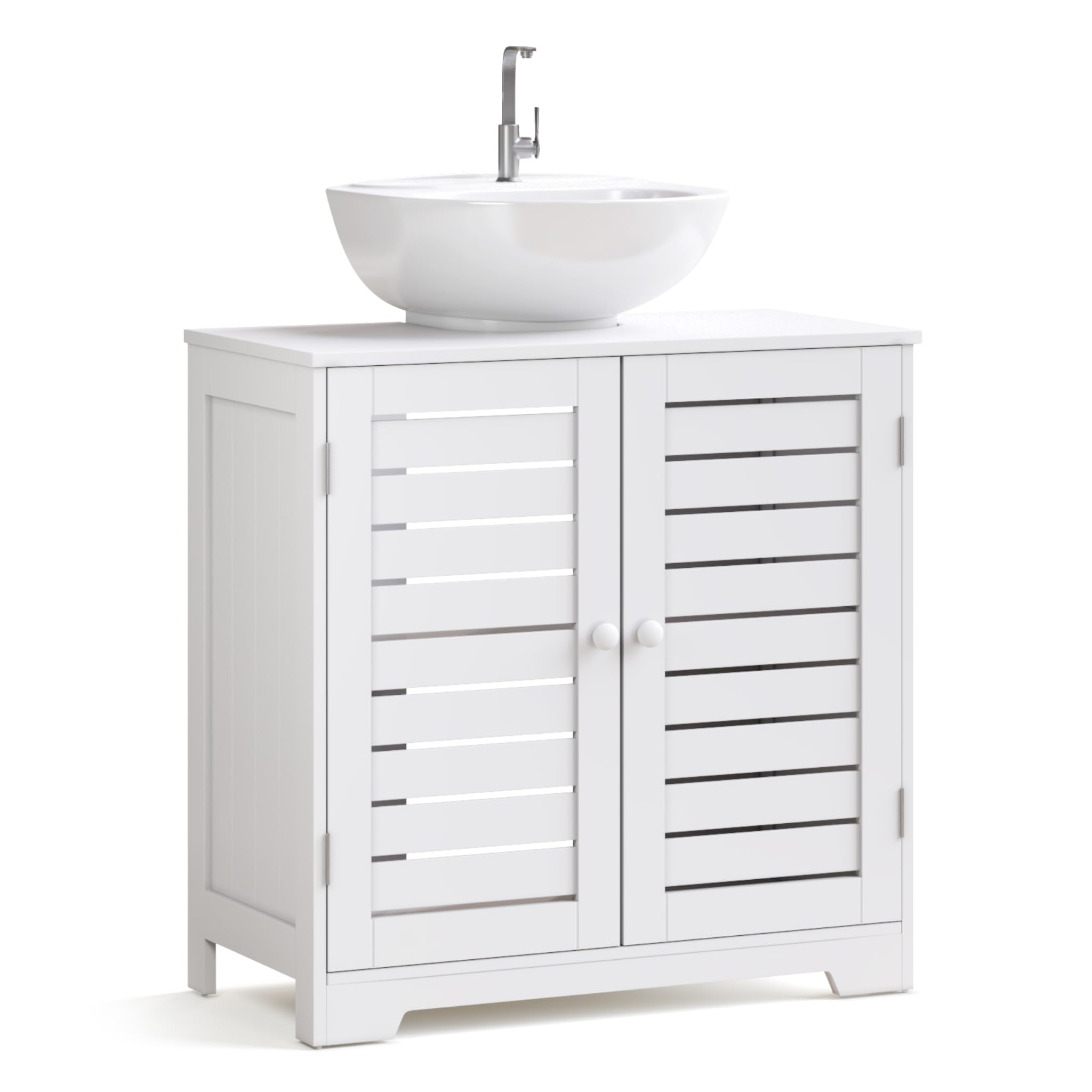 Mondeer Under Sink Cabinet, Wooden Freestanding Bathroom Storage with 2 Louvered Doors and 2 Shelves, 60 x 60 x 30cm, White