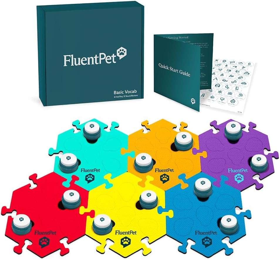 FluentPet Basic Vocab Kit - Set of 12 Recordable Buttons for Dogs & Cats and 6 HexTiles - Customizable Cat & Dog Buttons for Communication - Cat & Dog Talking Button Set with Voice Recording Buttons