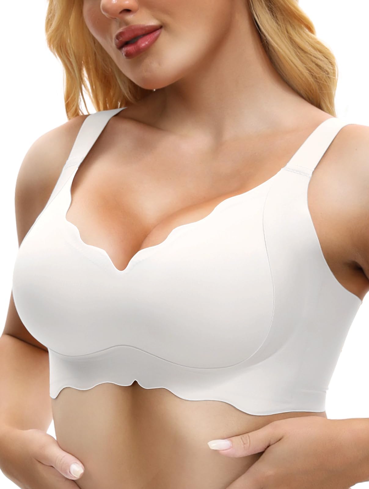 Scalloped Lift Bras for Women No Underwire Buttery Soft Push Up Wireless Bras V Neck Seamless Bralettes