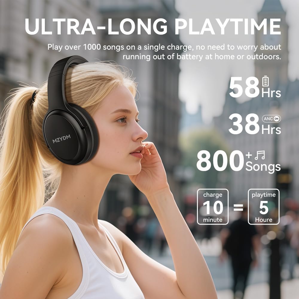 Bluetooth Headphones Over Ear, 40 Hours Playtime Wireless Headphones with Microphone,5.3 Bluetooth, HiFi Stereo Foldable Lightweight Headset, for Travel Work Cellphone(Black) - Image 2