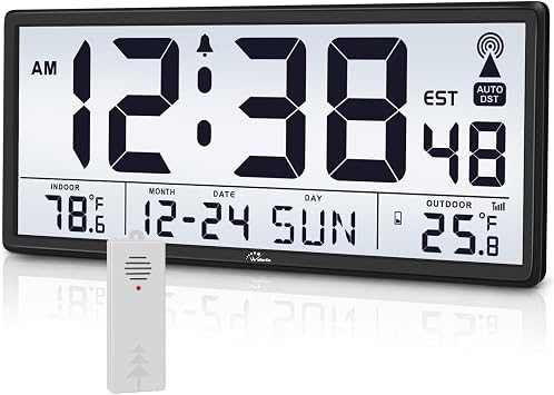 WallarGe Backlight Atomic Wall Clock Battery Operated, Indoor/Outdoor Temp