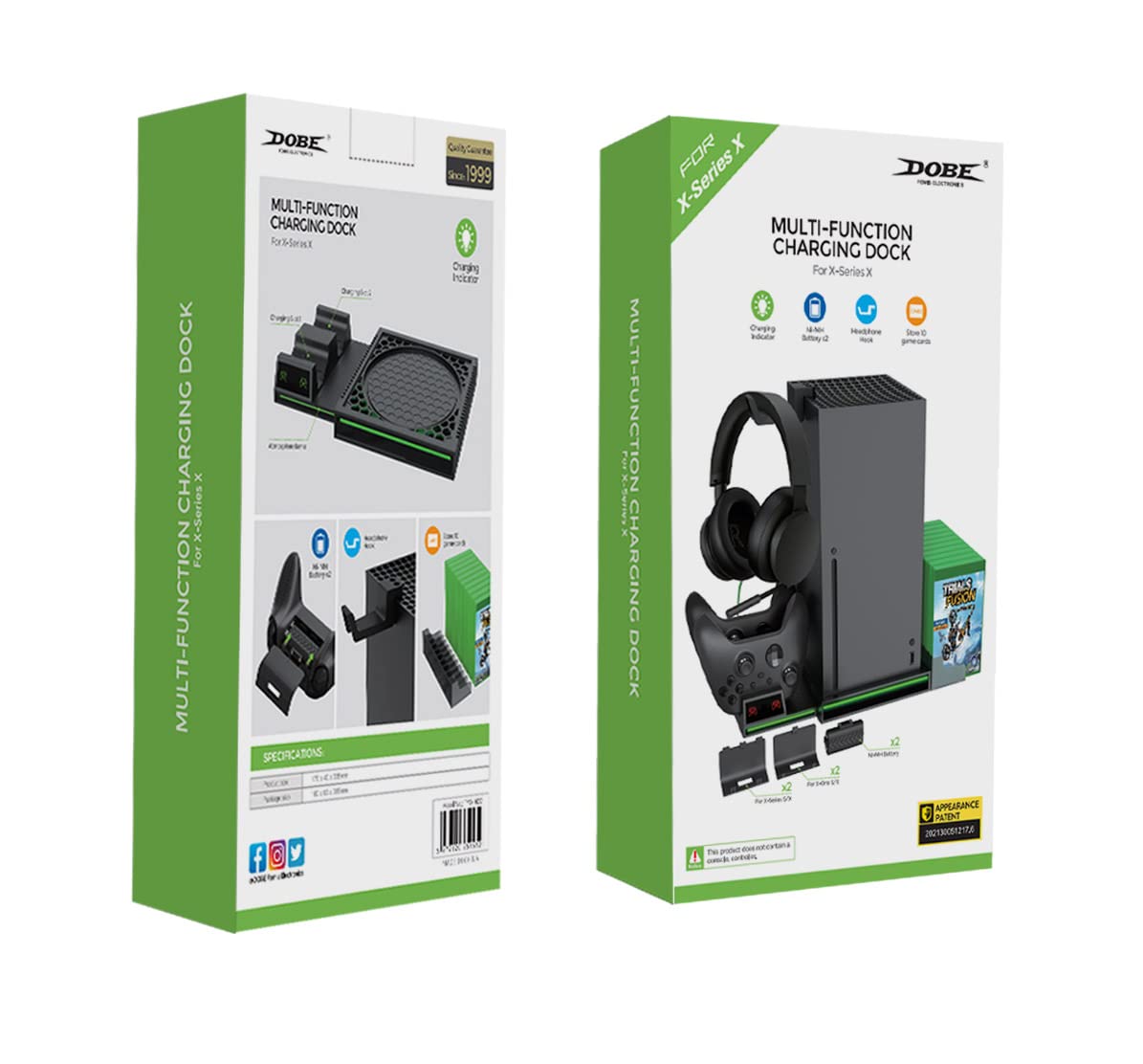 Soporte vertical compatible con consola Xbox Series X, estación de carga dual con 2 baterías recargables para controlador Xbox Series X, con 10 ranuras para tarjetas de juego y soporte para