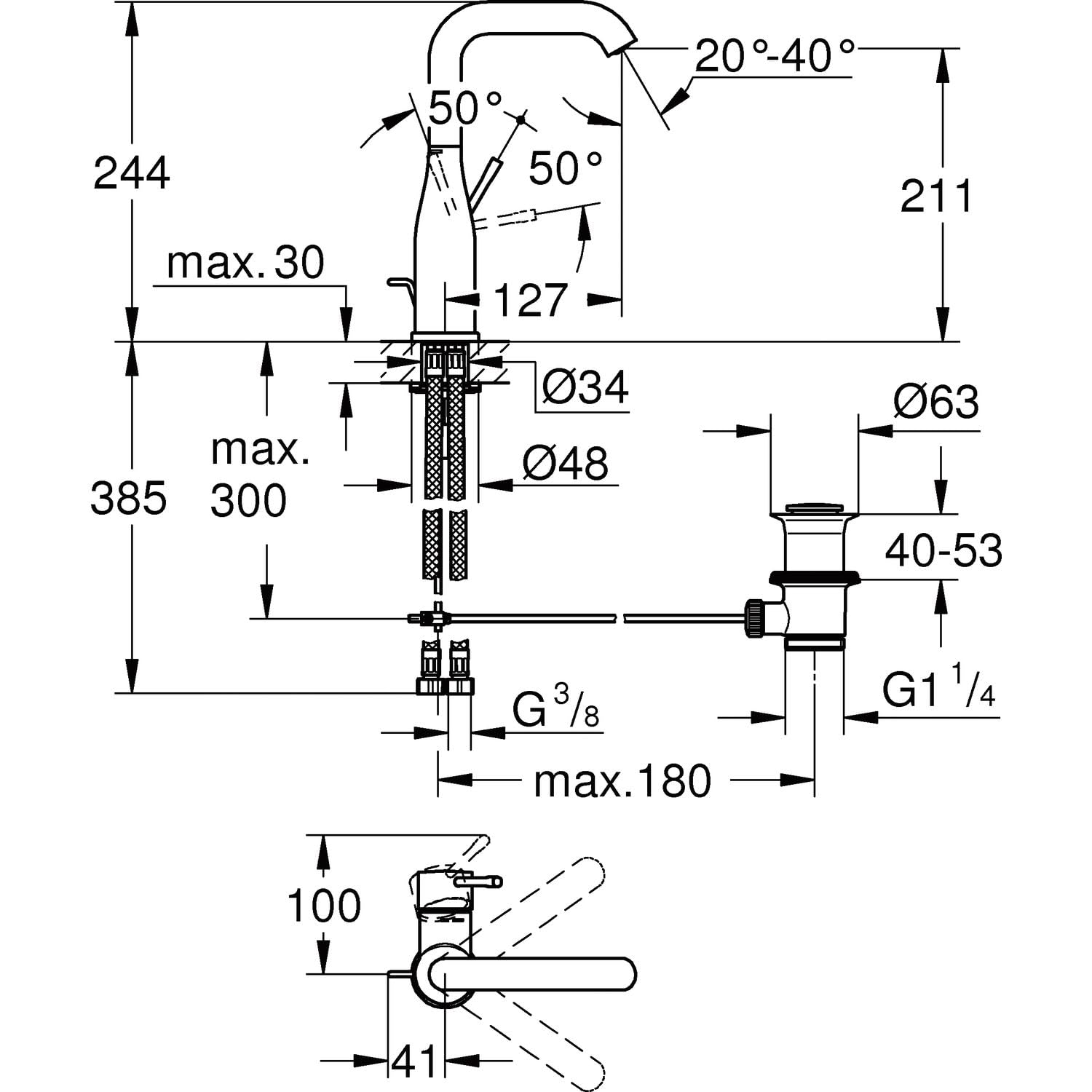 GROHE Essence, Waschtischarmatur hoch, wassersparend (Wasserhahn für das Bad, Badarmatur mit Zugstangen-Ablauf, 24cm hoch, langlebige Oberfläche, einfache Installation am Waschbecken), chrom, 32628001