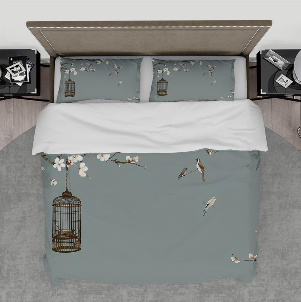 Housse de couette fleurie vintage 200x220 ensemble literie motif oiseau gris usé doux