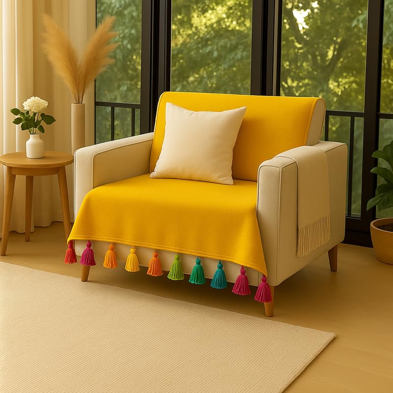 WWW.THROWPILLOW.IN Yellow Sofa Cover with Tassels for Single Seater |Recliner, Wing, Dining, Office Chair Throw Sofa Runner |1-Piece Sofa Seat & Back Cover |Stylish Single Sofa Throw with Tassels-image-1