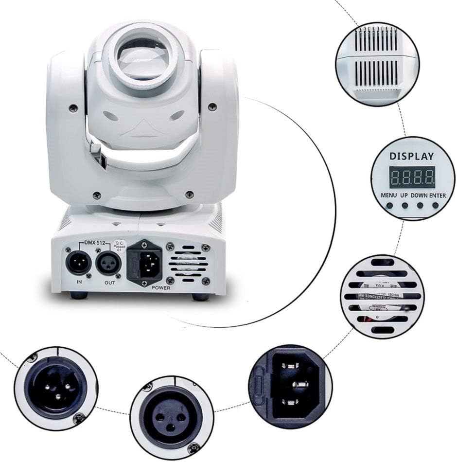 Close-up of the U`King Moving Head LED Stage Light control panel with display and buttons (MENU, UP, DOWN, ENTER).