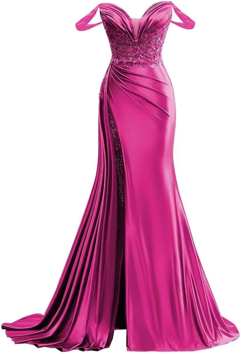 Off Shoulder Satin Prom Dresses Long 2025 Beaded Formal Dresses Pleated Evening Party Gown with Slit Tail
