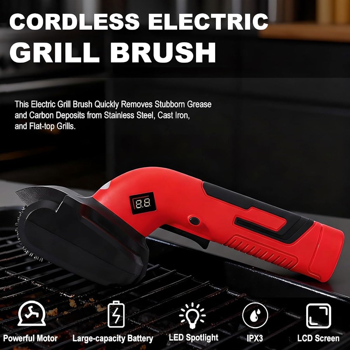 Cepillo eléctrico inalámbrico para Limpiar Parrillas de Barbacoa con Motor rotativo, 2 Cabezales, batería de 4000 mAh, luz LED, Kit para Exteriores.