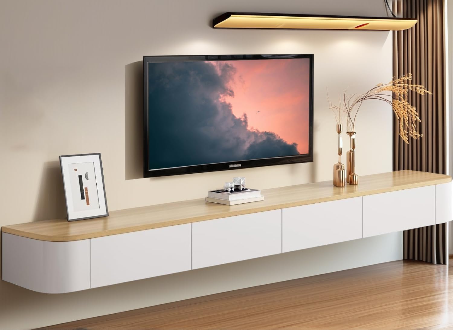 Coubird Floating TV Unit, Wall Mounted TV Cabinet, Floating Shelves with Doors & Drawer, Modern Entertainment Media Console Center Storage TV Bench for Living Room & Office (White Brown,120cm/47.2in)