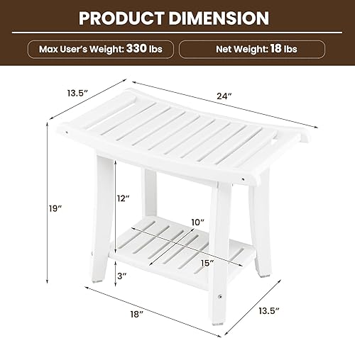 Miniatura 6 de GOFLAME Banco de ducha de 2 niveles, taburete de ducha de baño de spa con asiento curvo, 2 asas fáciles de agarrar, estante de almacenamiento y