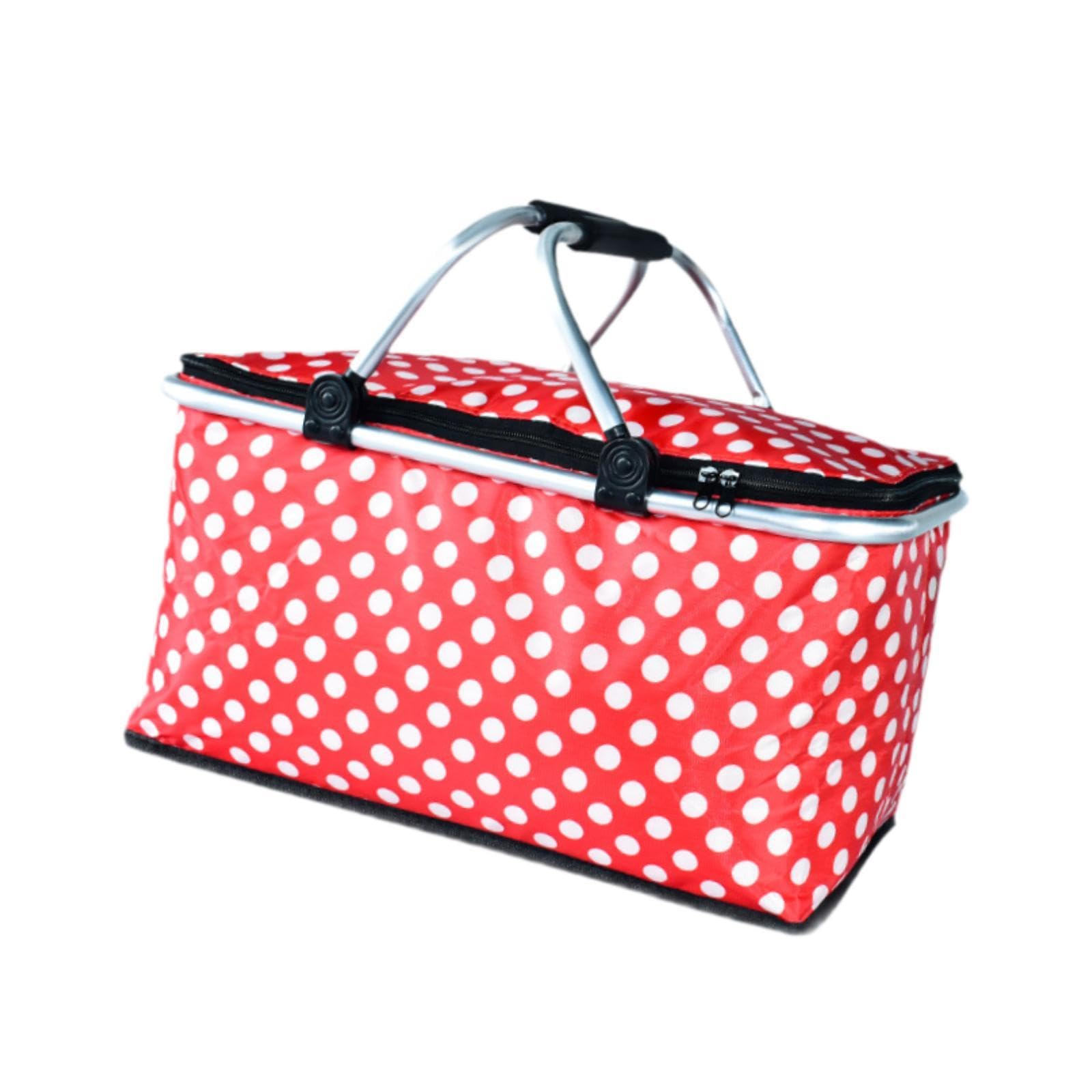 Bolsa Isotérmica Tipo Cesta de Picnic con Forro Impermeable, Térmica Plegable para Viajes, Senderismo Y Acampada, Punto Rojo