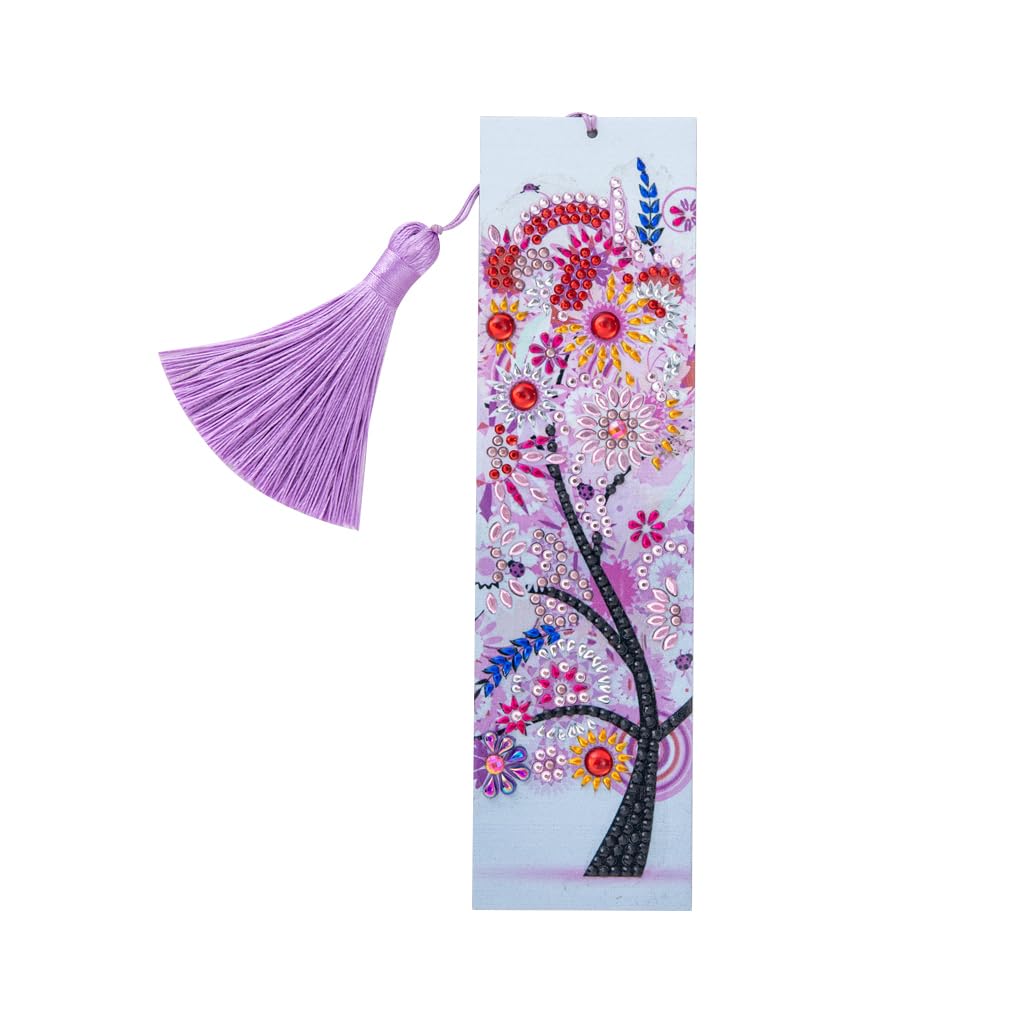 DIY Diamond Painting Bookmark, Special Shaped Diamond Pasted Painting Bookmark, Painting by Numbers Kit, Diamond Embroidery Painting Tassel Leather Bookmark Set (Pink Tree)