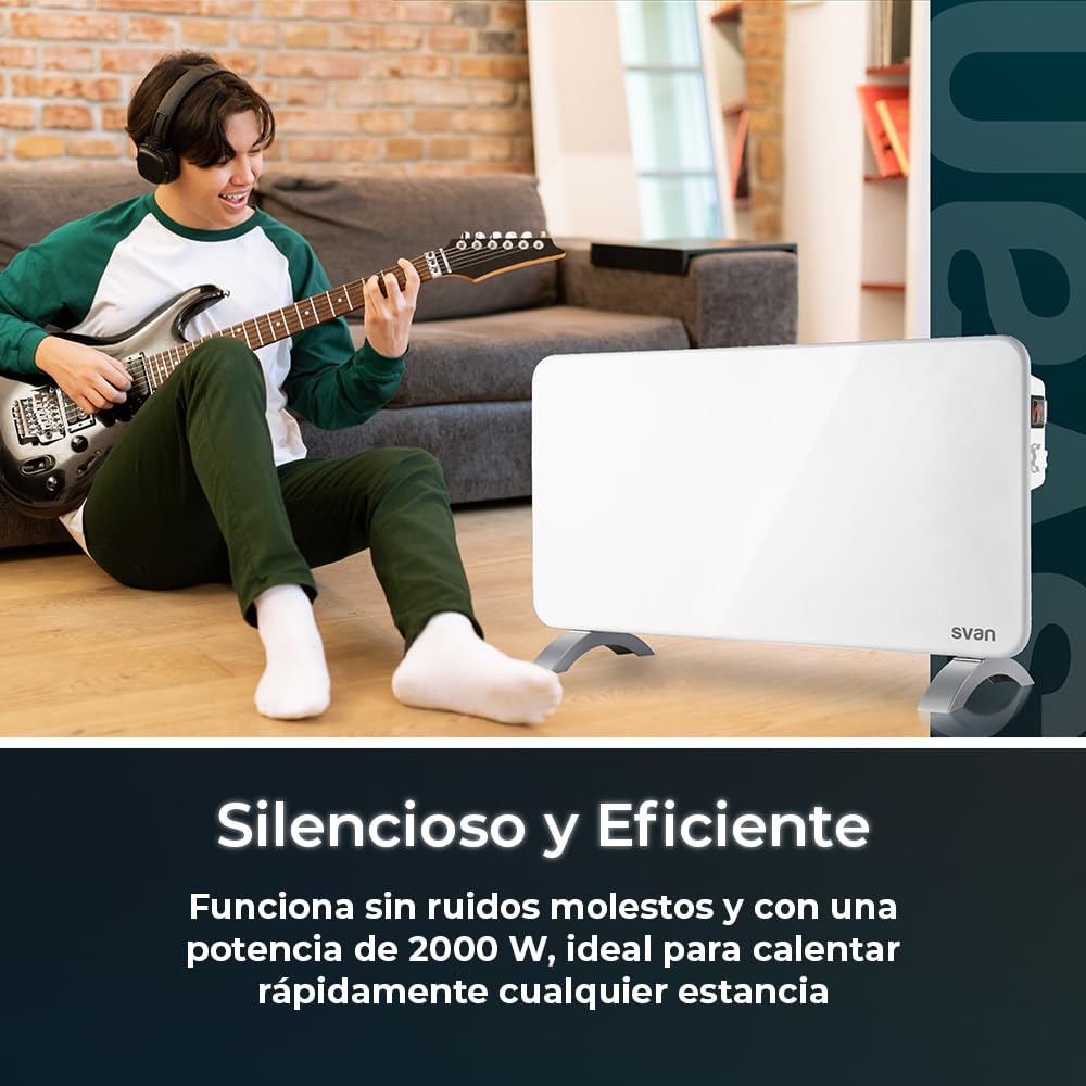 Svan Radiador Plano Eléctrico Bajo Consumo, 2 Niveles de Potencia, 2000 W, Termostato Mecánico, Protección Sobrecalentamiento, Soporte con Patas, Blanco