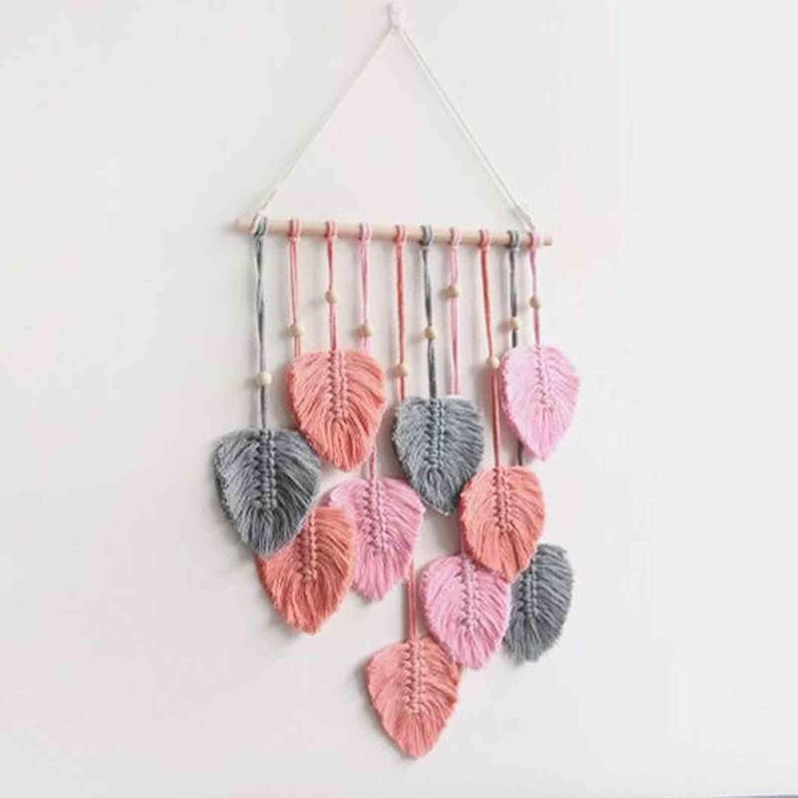 JOUFNING Wall Decor - Statue Artistic Wall Decorations, Macrame Wall Hanging Leaf Tassel Tapestry, Handmade DIY Woven Tassel Tapestry, Macrame Leaf Ornament for Bedroom(Pink)