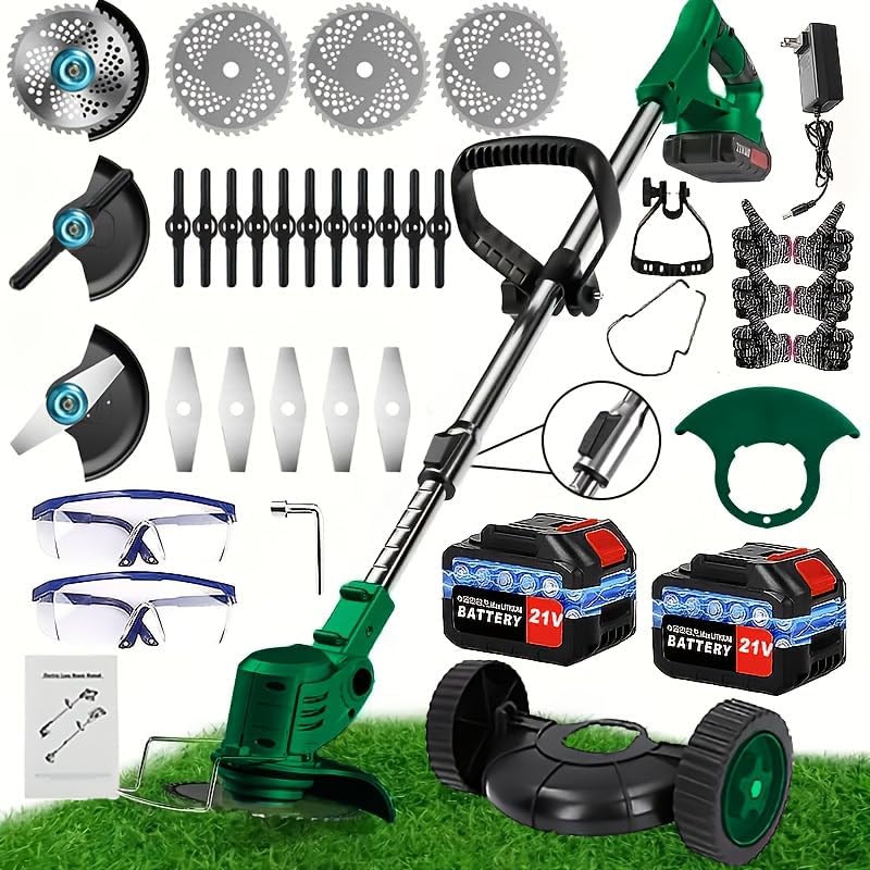 Electric Weed Wacker Cordless Weed Eater Battery Powered 21V, 4-in-1 Lawn Mower, 6 inch Edger StringlessTrimmer with Wheel & Blade, 2 Battery (Violet)