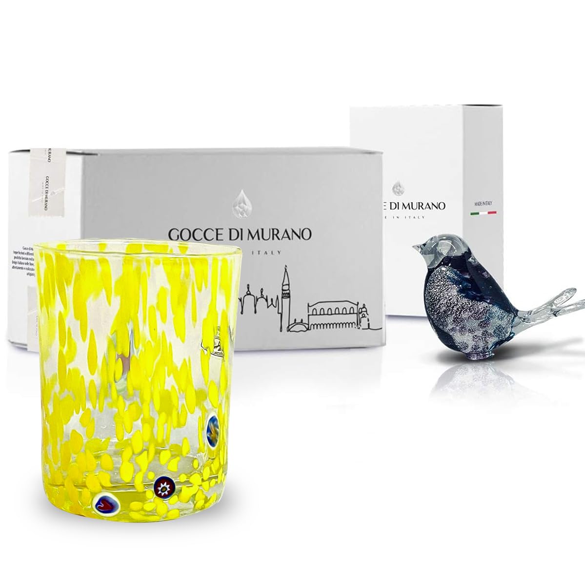 Gocce di Murano Un vaso de lluvia arco iris de cristal de Murano soplado 300 ml hecho a mano colorido paquete 2 copas de agua elegante y precioso (amarillo, 2)