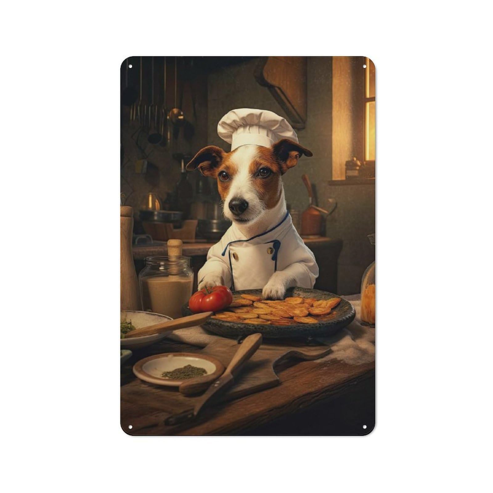 Junmoney Jack Russell Terrier Chef Rustic Tin Wall Plaque 30X20cm Featuring For Pub Or Café, A Decorative Christmas Gift For Café Interior Fans