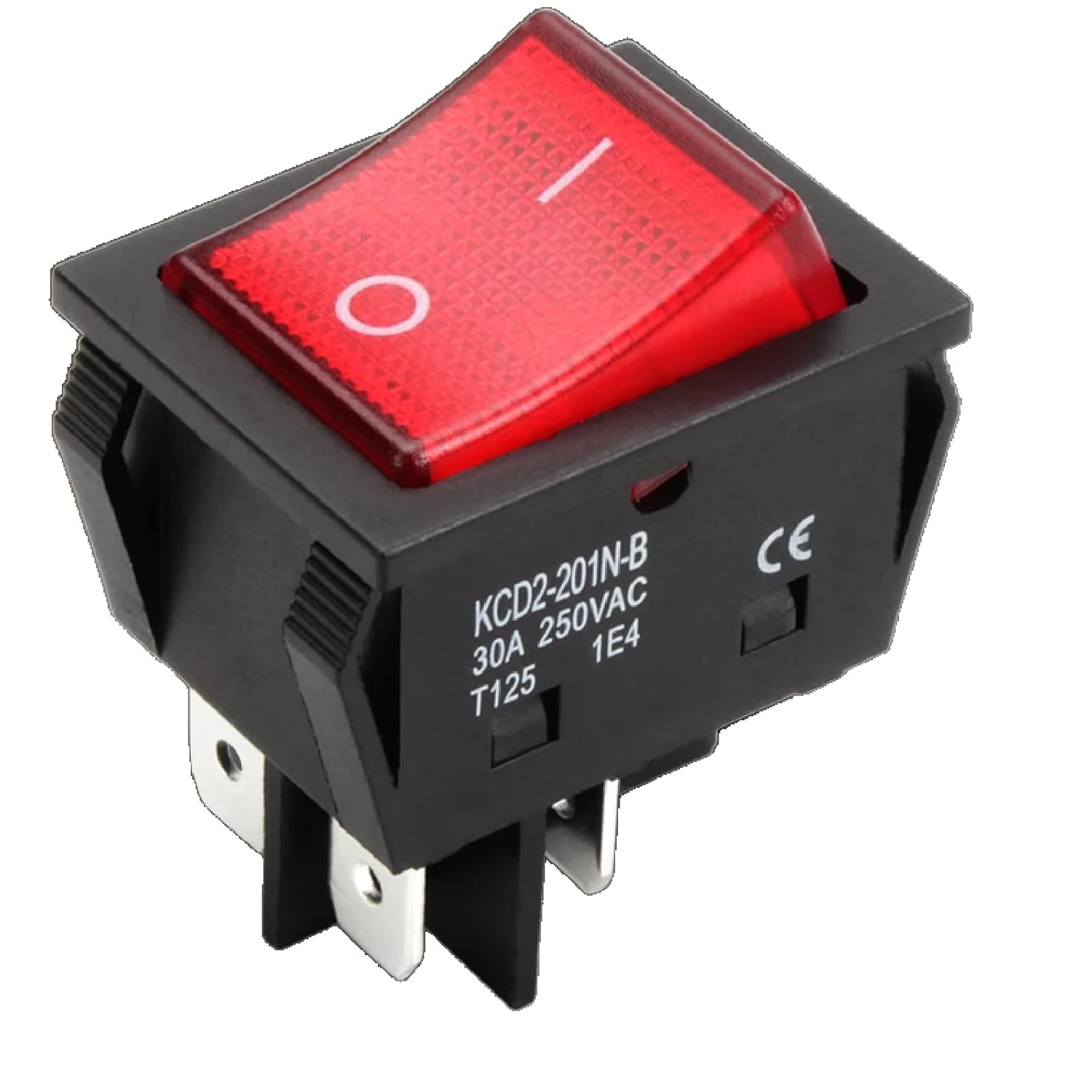 KCD2 Heavy Duty Rocker Switch, Red Illuminated, DPST 4-Pin, 30A 250V AC, T125 Rated, 5-Pack