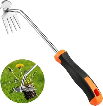 Weed Remover Tool for Garden, Portable Stainless Steel Hand Weeder Tool, 13.3" Manual Weed Puller with Rubber Grip for Lawn, Flower Beds & Vegetable Gardening Rubber Handle