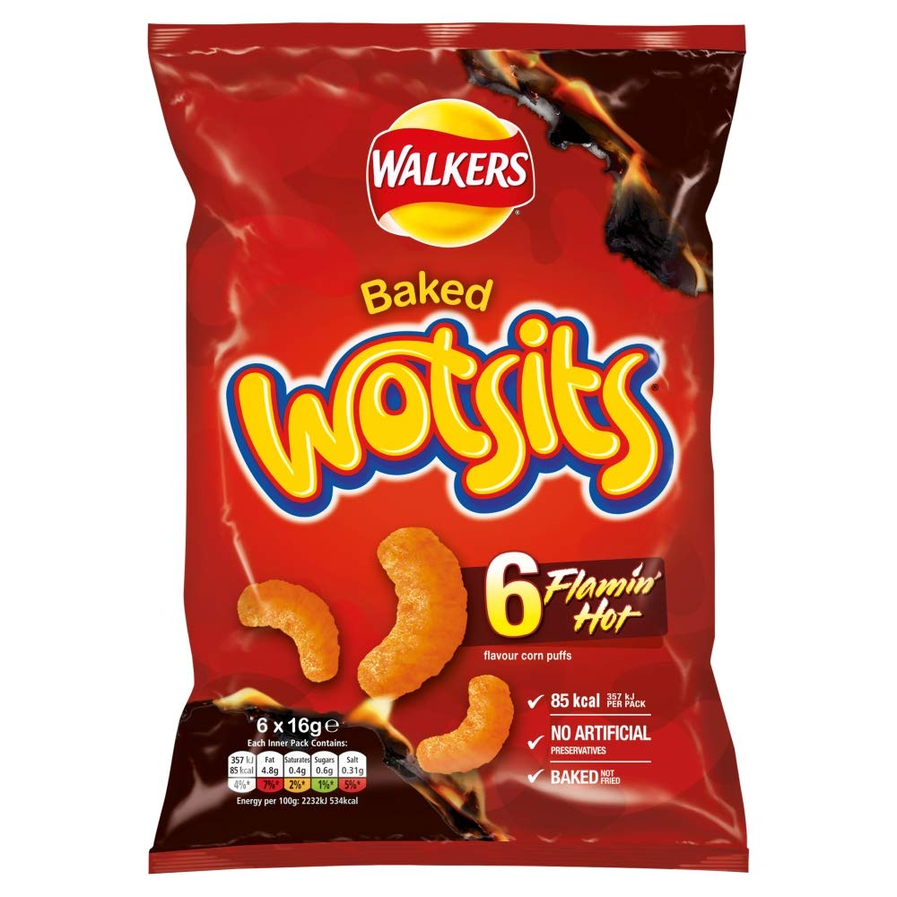 Walkers Chips Wotsits Flaming Hot 6-Pack (6x16g) Snacks Baked, Not Fried