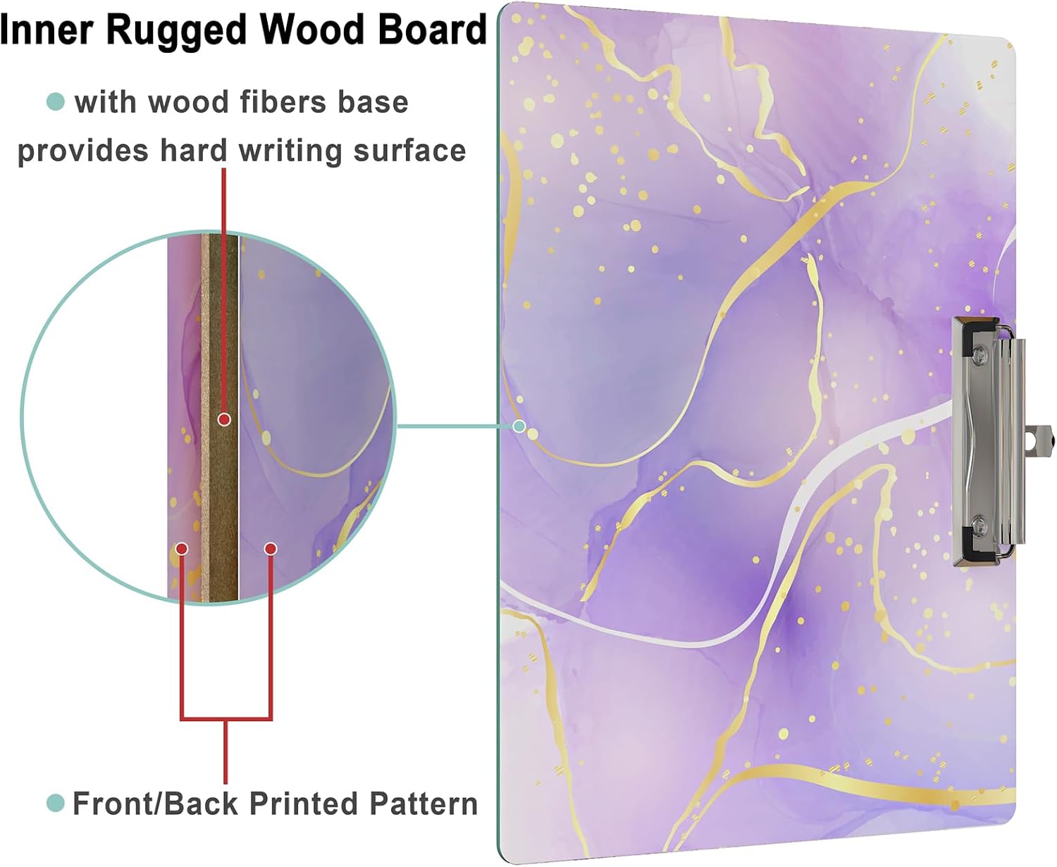 Clipboard Landscape Wooden with Designs A4 Letter Standard Size 9" x 12.5" Cute Horizontal Clipboards with Low Profile Clip for Drawing Office Supplies(Purple Marble) image 4