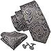 Barry.Wang Men's Tie Grey Silk Ties Pocket Square Cufflinks Set