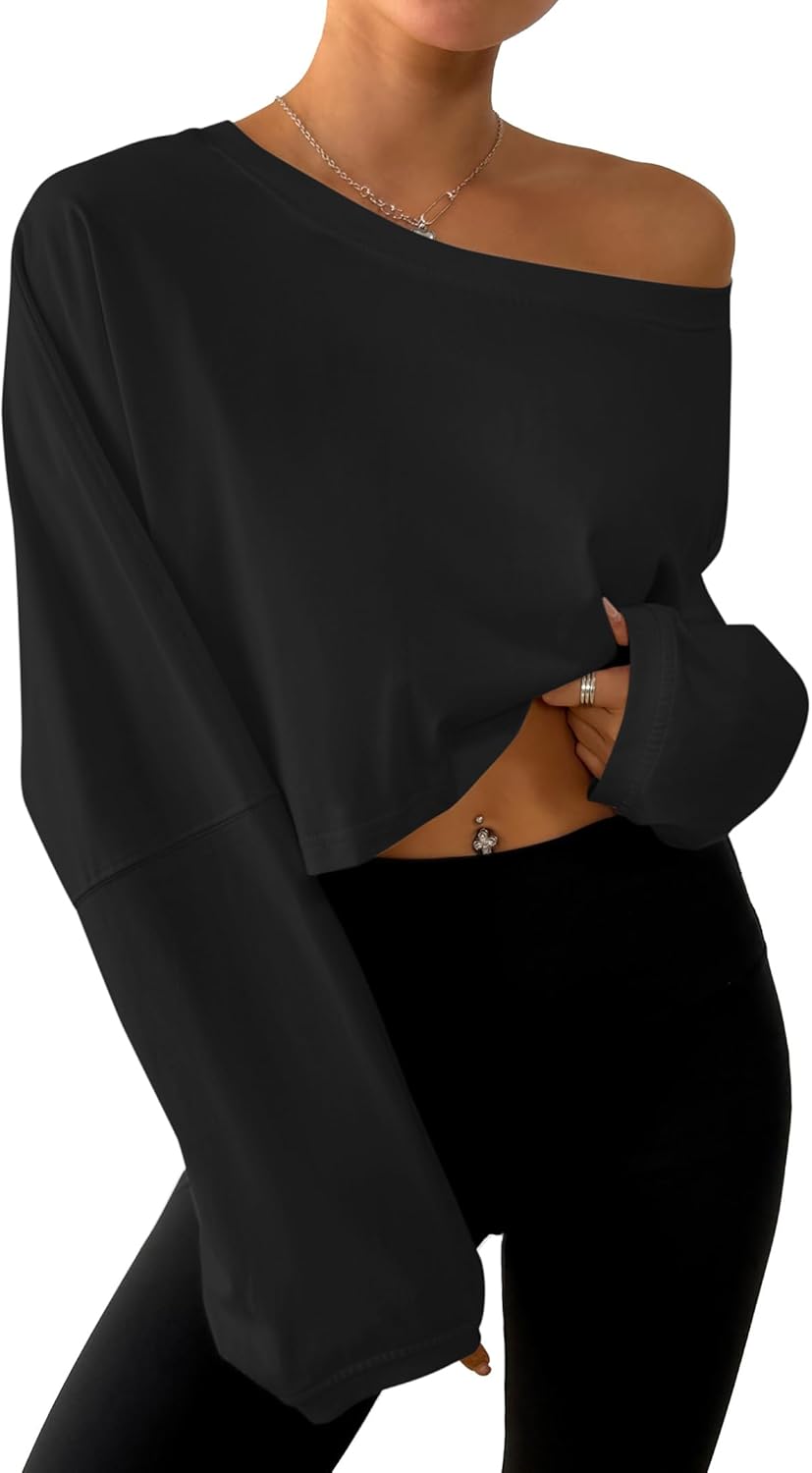 Remidoo Women's Off the Shoulder Sweatshirt Oversized Cropped Sweatshirts Long Sleeve Pullover Top