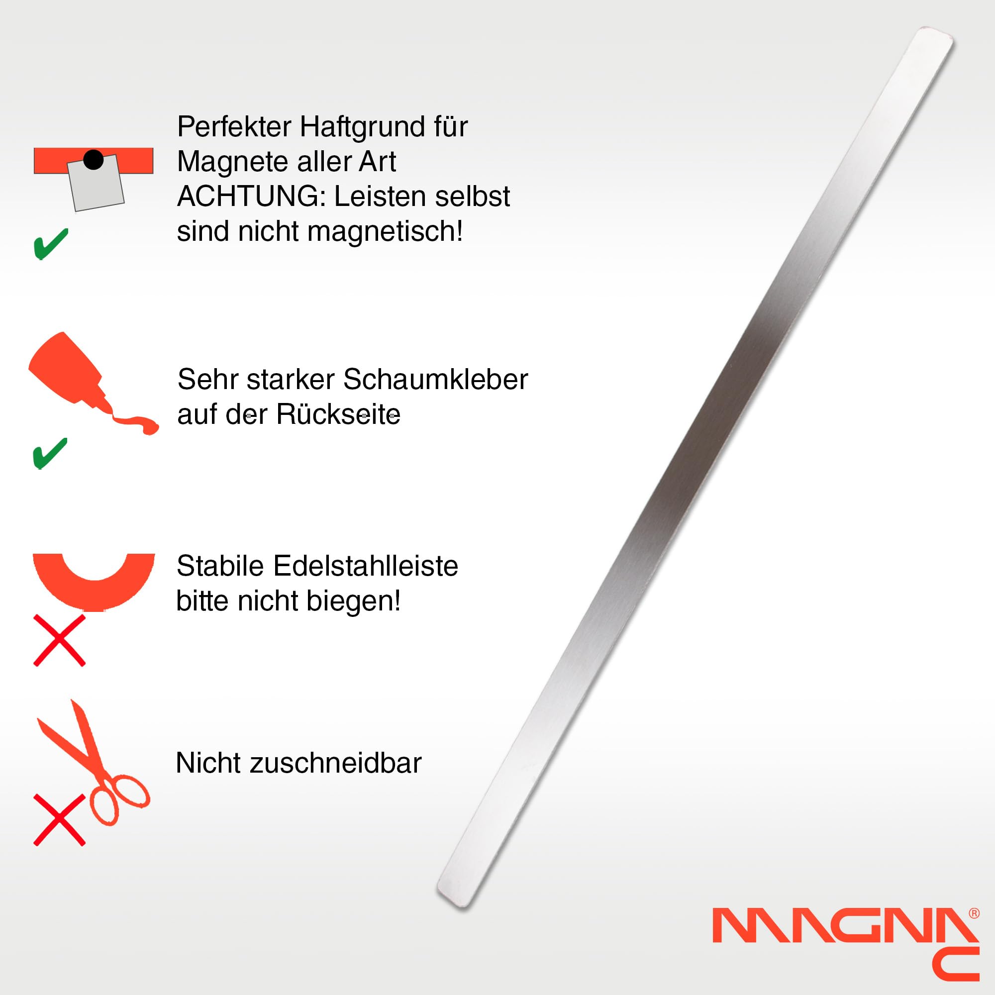 Magna-C® 2 stabile Ferroleisten aus Edelstahl | Selbstklebende Magnetleisten | 495 x 20mm mit 4 Magneten | magnethaftender Untergrund für Fotos, Postkarten und vieles mehr