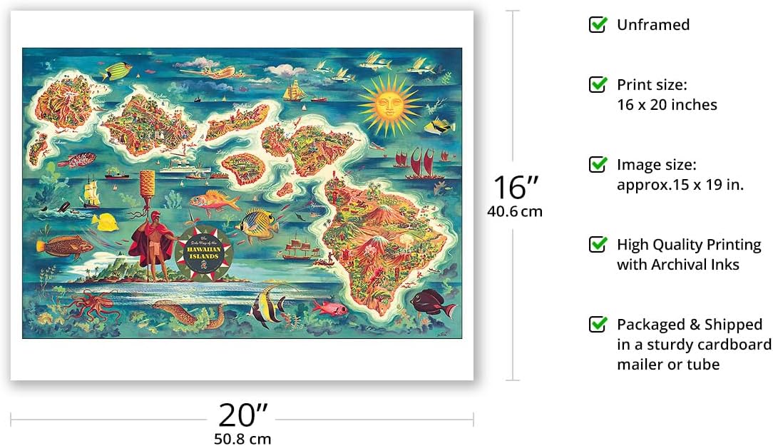 The Dole Map of the Hawaiian Islands - From the Hawaiian Pineapple Company - Vintage Pictorial Map by Joseph Fehér c.1950s - Fine Art Matte Paper Print (Unframed) 16x20in