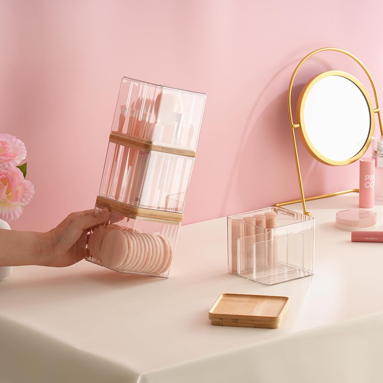 Makeup Brush Holder Comb with Cover Makeup Containers Organizers Set Makeup Holder Box Cosmetic Case With Lid Waterproof Dustproof Beauty Skincare Organizer Bathroom Vanity Countertop,Gift,Clear,3PCS