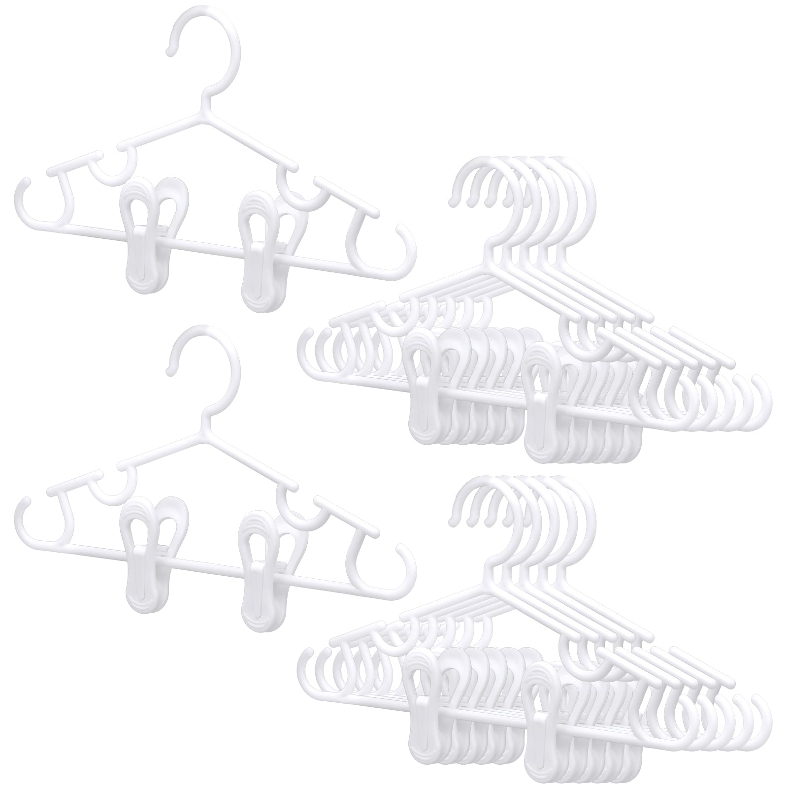 hsei baby hangers with 10/20/80 clips, plastic kids pants hangers for nursery closet top and bottom clothes hanger set for newborn infant toddler(10 packs total,white,10.6 inch)