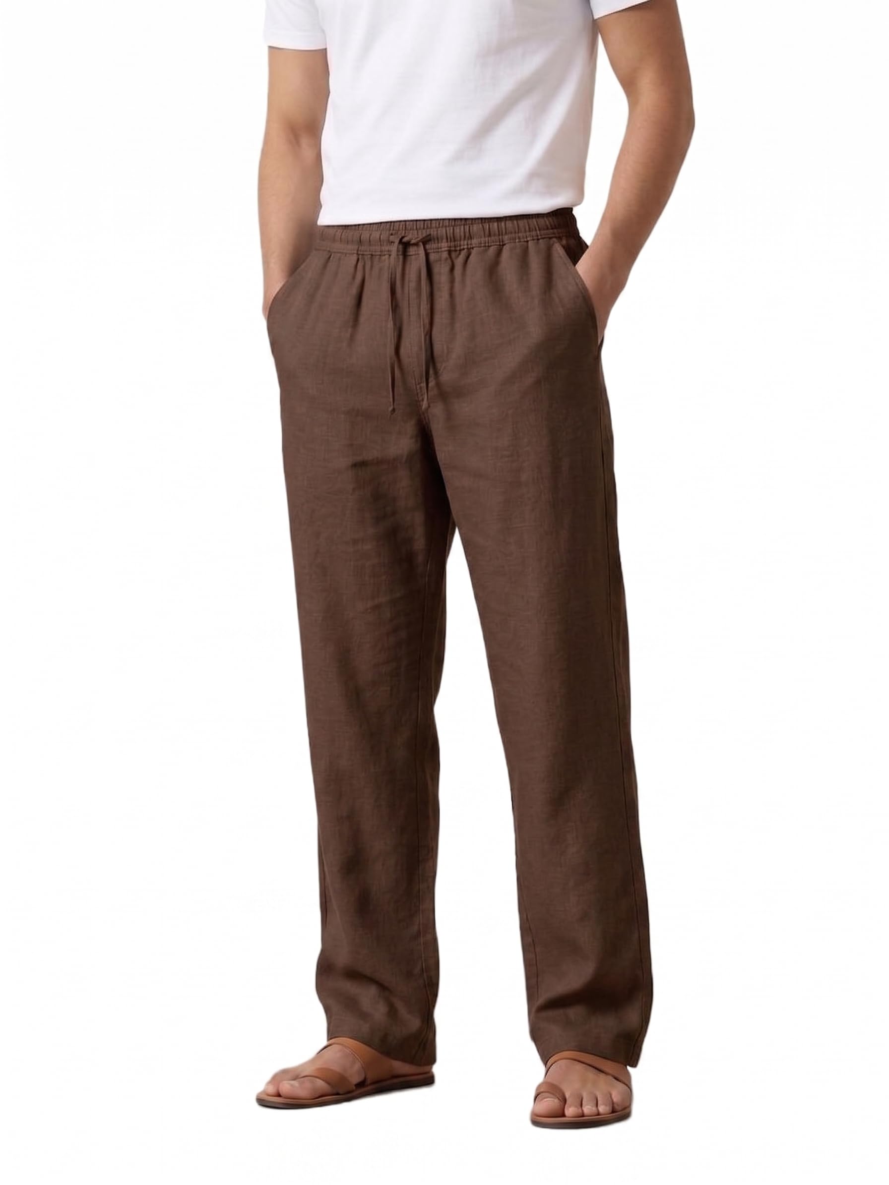 Men's Linen-Blend Pants, Elastic Waistband, Secure Zipper Pocket, Back Patch Pocket, Casual Straight Fit-image-6
